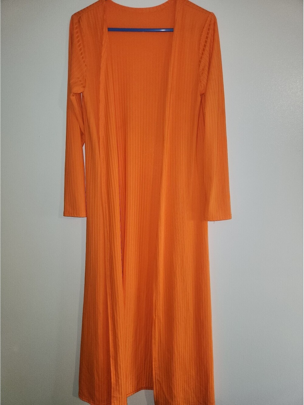Orange ribbed long open-front cardigan